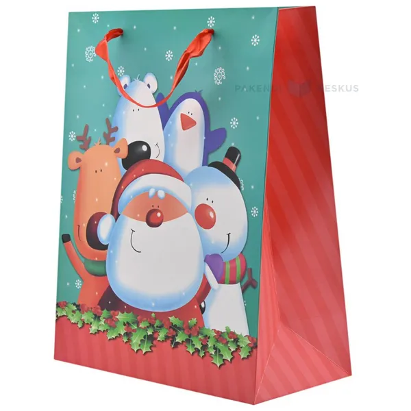Santa Claus and animals print paper bag with ribbon handles 26+12x32cm