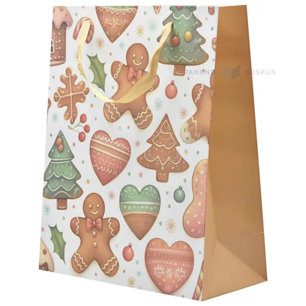 Paelsangaga piparkoogimeeestega, -kuuskedega ja -südametega kinkekott 26+12x32cm
