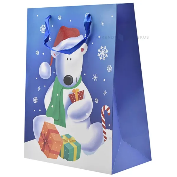 Polar bear with gifts print paper bag with ribbon handles 26+12x32cm