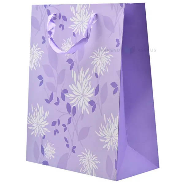 Paelsangaga valgete lilledega lilla kinkekott 26+12x32cm