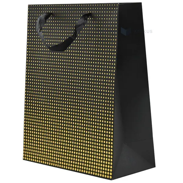 Melns papīra dāvanu maiss ar zeltainiem punktiem un ar lentes rokturiem 26+12x32cm