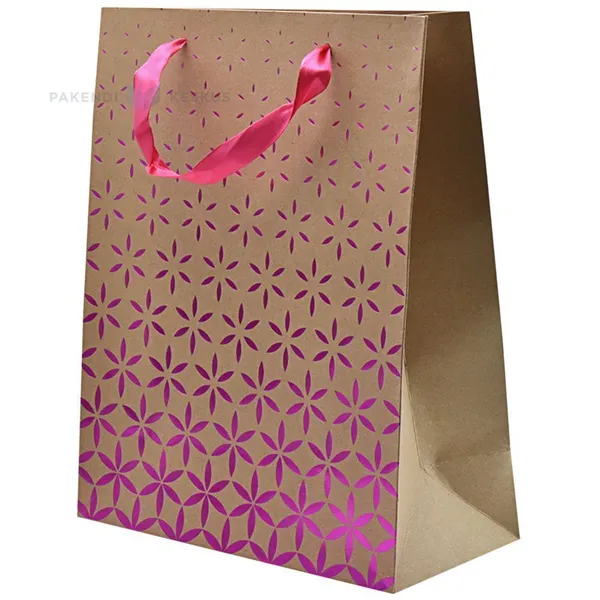 Pink relief flowers print craft paper bag with ribbon handles 26+12x32cm