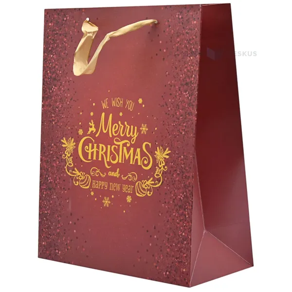 Merry Christmas print dark red paper bag with ribbon handles 26+12x32cm