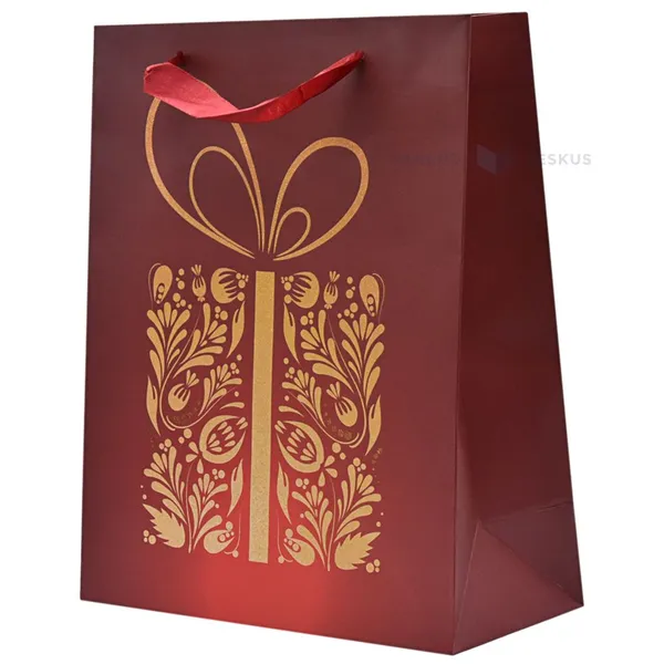 Paelsangaga kuldse mustrilise kingipakiga punane kinkekott 26+12x32cm