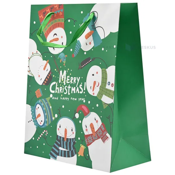 Looking snowmen in circle print green paper bag with ribbon handles 26+12x32cm