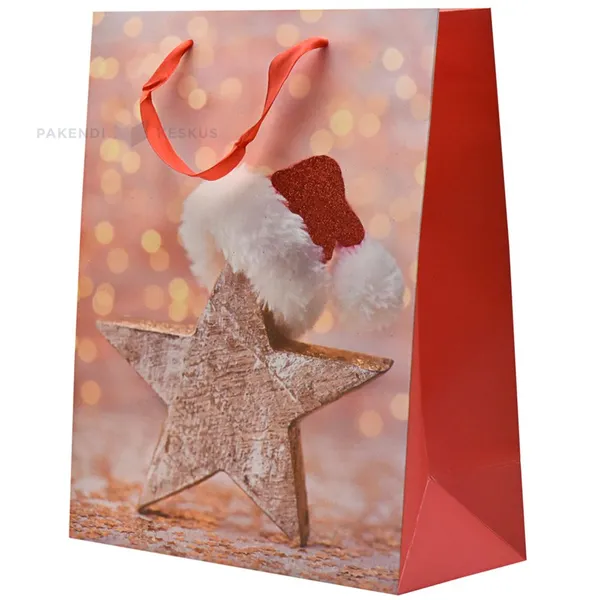 Gift bag with red ribbon handle, 26+12x32cm, star and elf hat