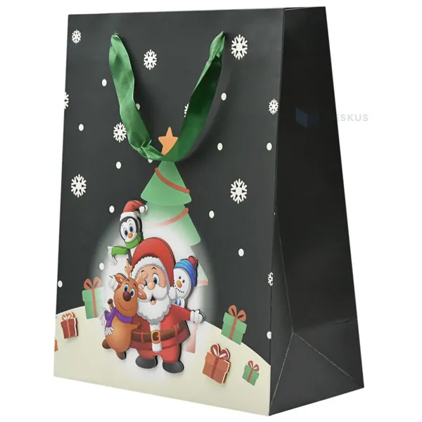 Santa Claus, elk, snowman and penguin print paper bag with ribbon handles 26+12x32cm