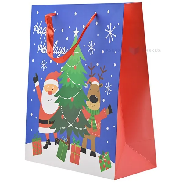 Santa and deer with tree print blue paper bag with ribbon handles 26+12x32cm