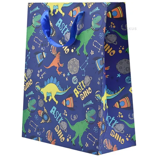Cosmos dinasaurs print blue paper bag with ribbon handles 26+12x32cm