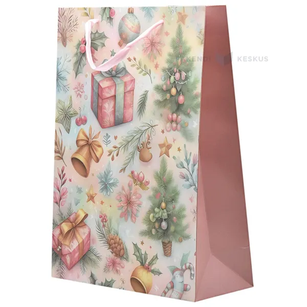 Paelsangaga õrnad roosad kingitused, kuused, kellukesed, lilled pildiga kinkekott 30+12x40cm