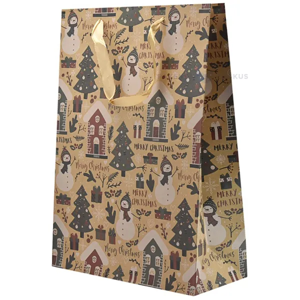 Houses and snowmen print craft paper bag with ribbon handles 30+12x40cm