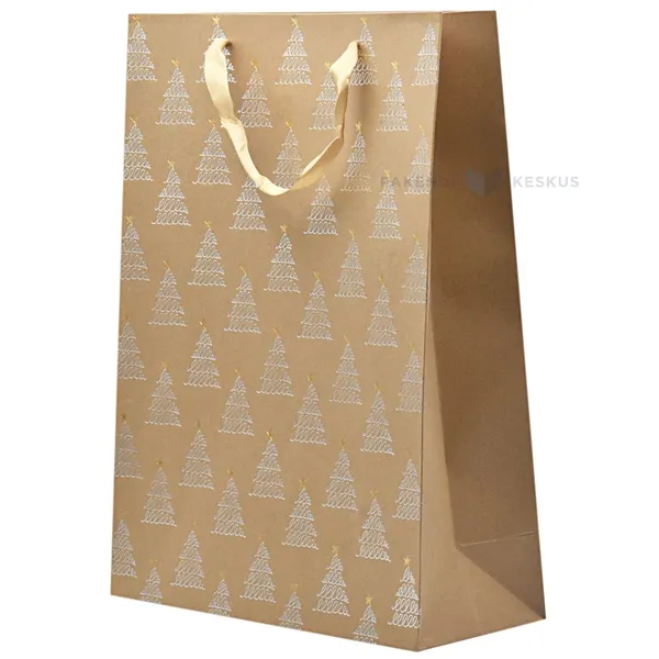 Paelsangaga hõbedaste kriipsuliste kuuskedega kraft kinkekott 30+12x40cm