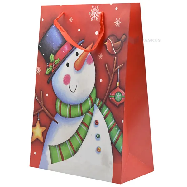 Snowman with a top hat print red paper bag with ribbon handles 30+12x40cm