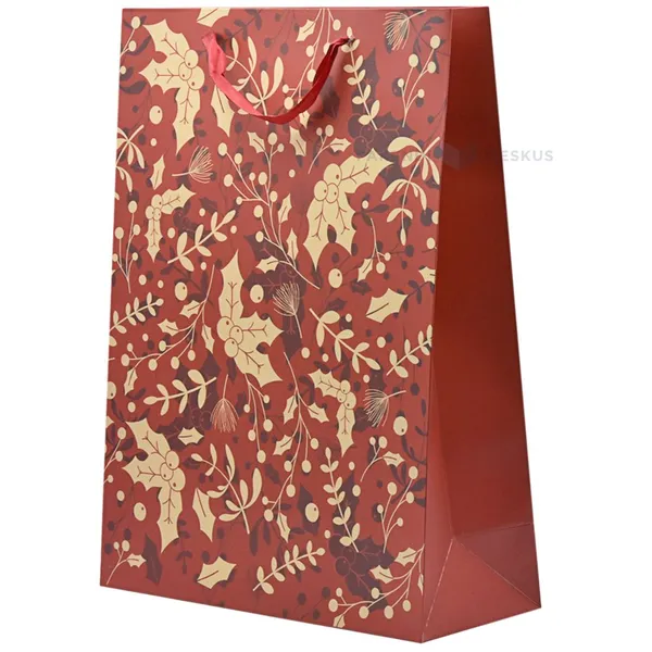 Paelsangaga punaste ja kuldsete jõuluoksadega punane kinkekott 30+12x40cm