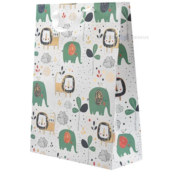 Drawn elephants and lions print white paper bag with ribbon handle 30+12x40cm