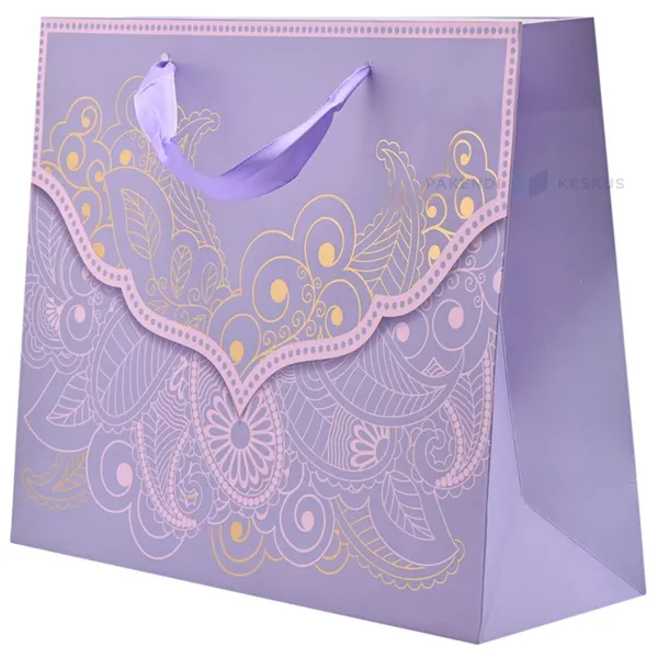 Lace pattern print purple paper bag with ribbon handles 32+11x26cm