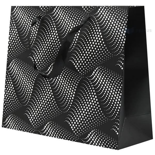 Wavy pattern print black paper bag with ribbon handles 32+11x26cm