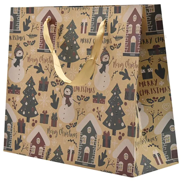Houses and snowmen print craft paper bag with ribbon handles 32+11x26cm