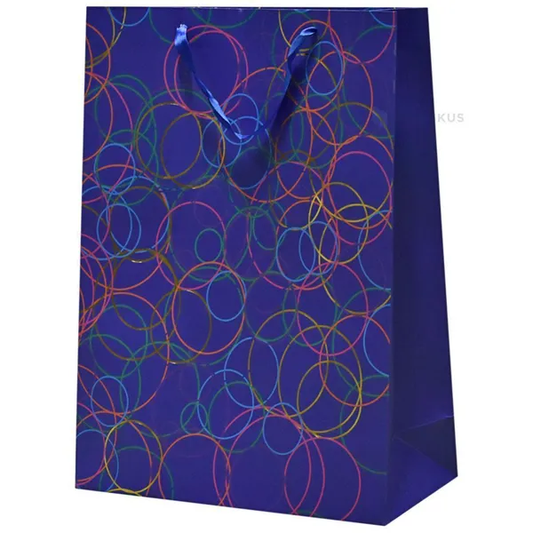 Neon circles print purple blue paper bag with ribbon handles 40+15x50cm