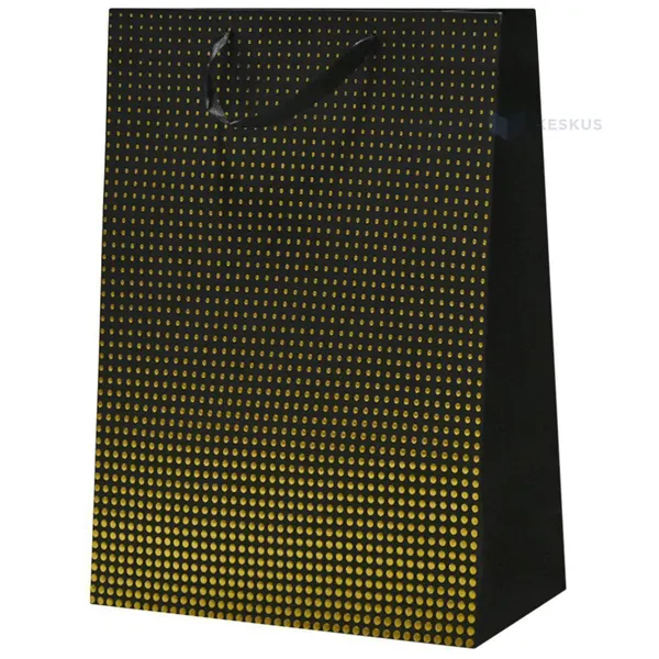 Golden dots print black paper bag with ribbon handles 40+15x50cm