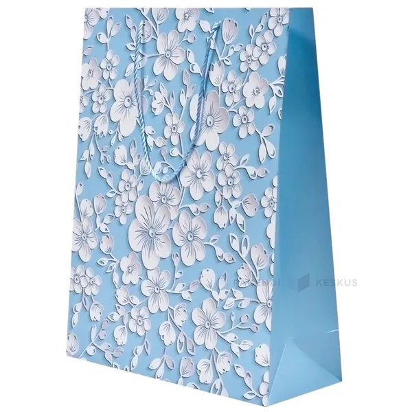 Paperikassi vaaleansininen valkoiset kukat painettuna , jonka köysikahvat ovat 40 + 15x50cm