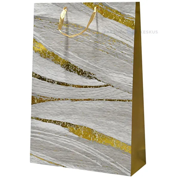 Gray and golden wide brush pattern print paper bag with ribbon handles 50+15x70cm