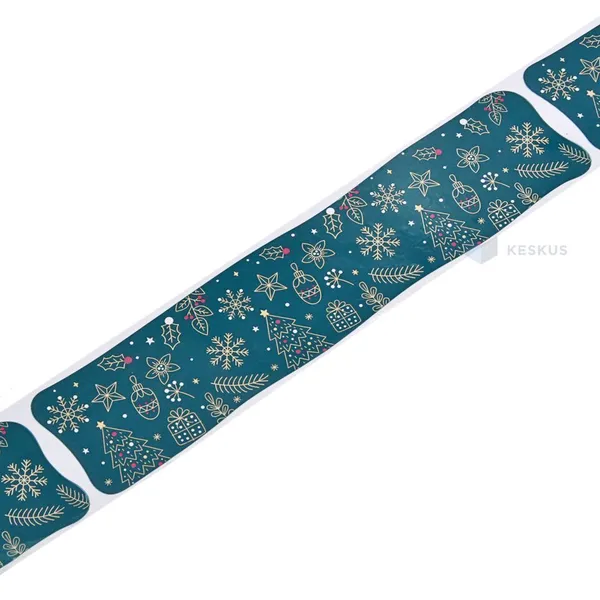 Sinakas-roheline lumehelvestega ja kuuskedega pakketeip 50mm lai hot-melt, rullis 60m