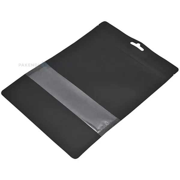 Чёрный матовый вертикально стоящий пакет с окошком 19+(2x5,5)x23,5cm, в упаковке 50шт