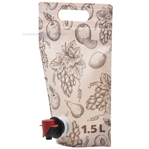 Pruun puuviljadega trükiga püstiseisev kott liblikkraaniga 19+(15,5+10,8)x28cm 1,5L