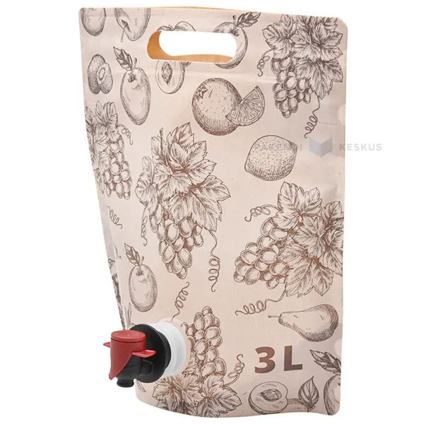 Pruun puuviljadega trükiga püstiseisev kott liblikkraaniga 25+(15+13,5)x28cm 3L
