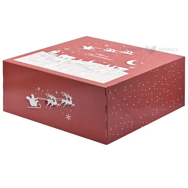 Jõuluteemaline punane-valge koogikarp ühendatud kaanega 30x30x12,5cm, pakis 10tk