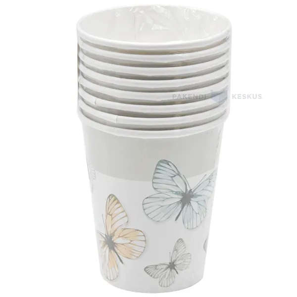 White paper cup with different butterflies 250ml, 8pcs/pack