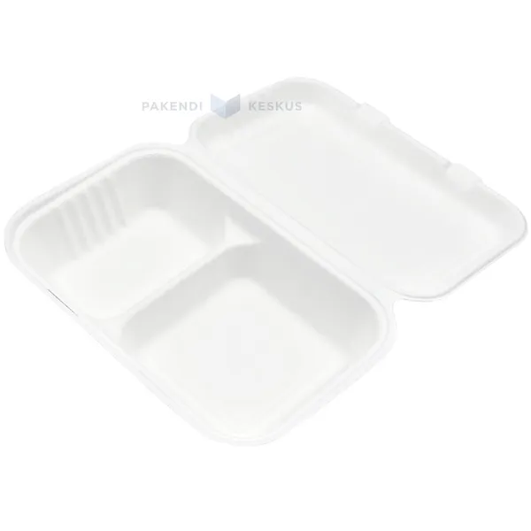 100% biodegradable/compostable 2-compartment food container 249x163x46/66mm, 50pcs/pack
