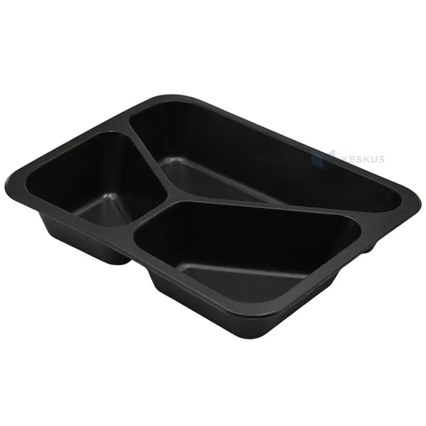 Black 3-compartment food tray 227x178x40mm, 50pcs/pack