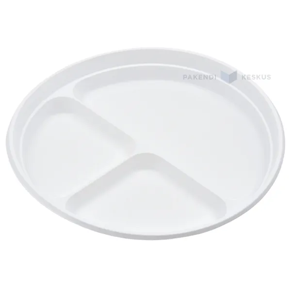Reusable white plastic 3-compartment plate 22cm PP 125x machine washable, 100pcs/pack