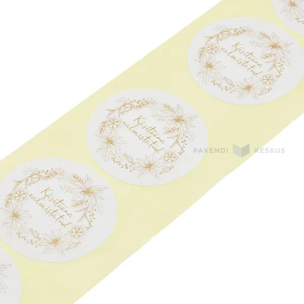 Tarrat, paperia, halkaisija 47 mm, valkoinen, kultainen seppele painatuksella "Käsitööna valmistatud", 50 kpl rulla