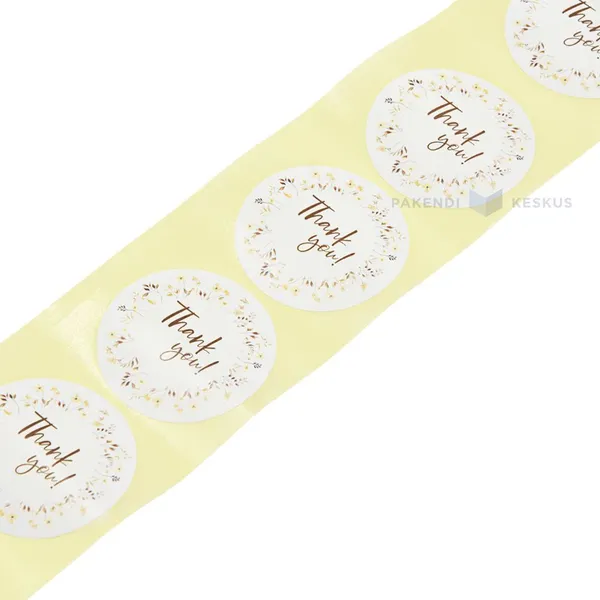 Tarraetiketti, valkoinen, halk. 48mm, ruskea kukka seppele "Kiitos", 50kpl/rl