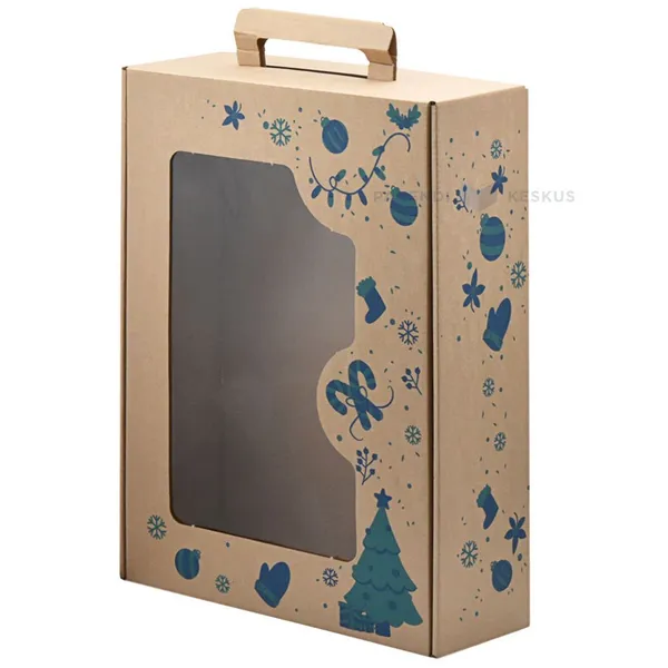 Christmas print corrugated carton box with handle and window 250x350x95mm