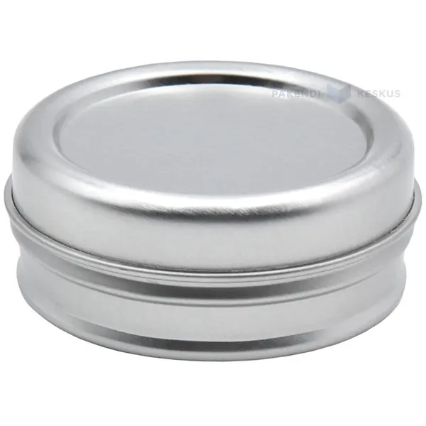 Hõbedane metallkarp kaanega diameetriga 50mm kõrgusega 18mm