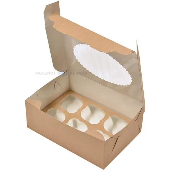 Kartongist pruun/valge aknaga kuue muffinikarp 25x17x10cm, 25tk