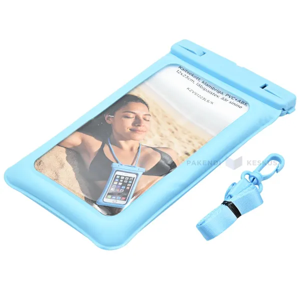 Sinise raamiga läbipaistev kaitsekott klambriga PVC+ABS 12x22cm