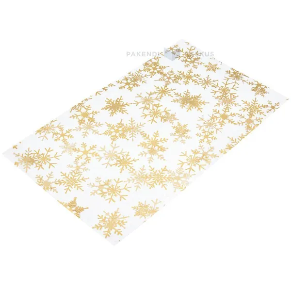 Kuldsete lumehelvestega kilest kinkekott 20x35cm, pakis 50tk