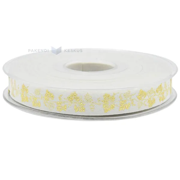 White with golden leaves velvet ribbon 15mm wide, 10m/roll