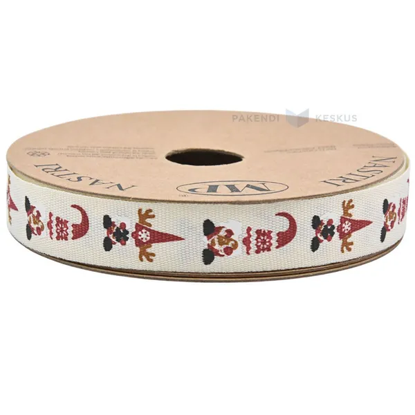 Natural white with elves print woven ribbon 15mm wide, 15m/roll