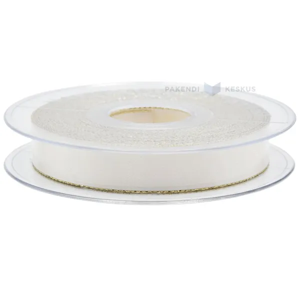 Beige with silvery edges satin ribbon 15mm wide, 20m/roll