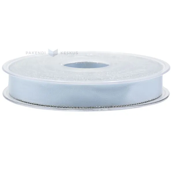 Lahjanauha, satiini+lureksi, 15mm, vaaleansininen, metalliset reunat, 20m/rl