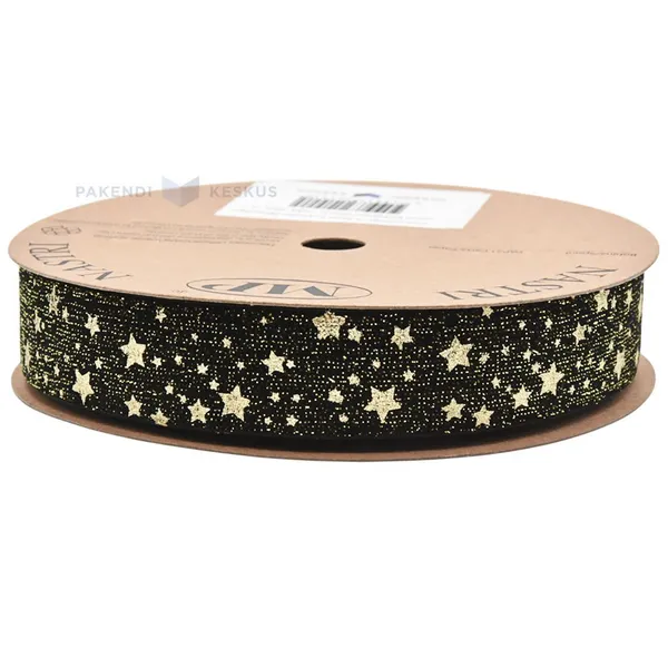 Black with golden stars velvet ribbon 25mm wide, 10m/roll