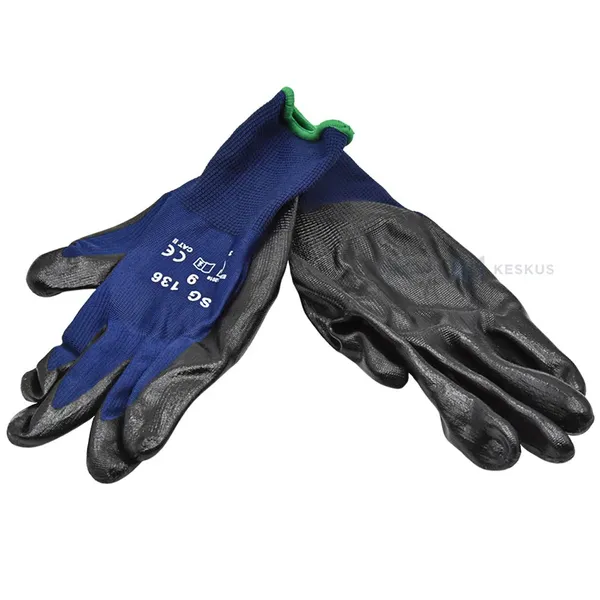 Blue polyester gloves on palm nitrile nr. 9