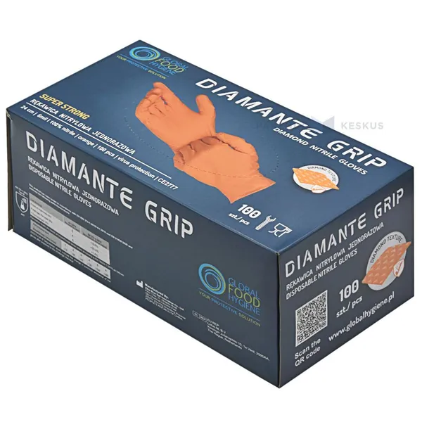 Orange nitrile gloves non-powdered L nr. 8-9 structured DIAMANTE GRIP, 100pcs/pack