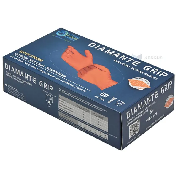 Orange nitrile gloves non-powdered M nr. 7-8 structured DIAMANTE GRIP, 50pcs/pack